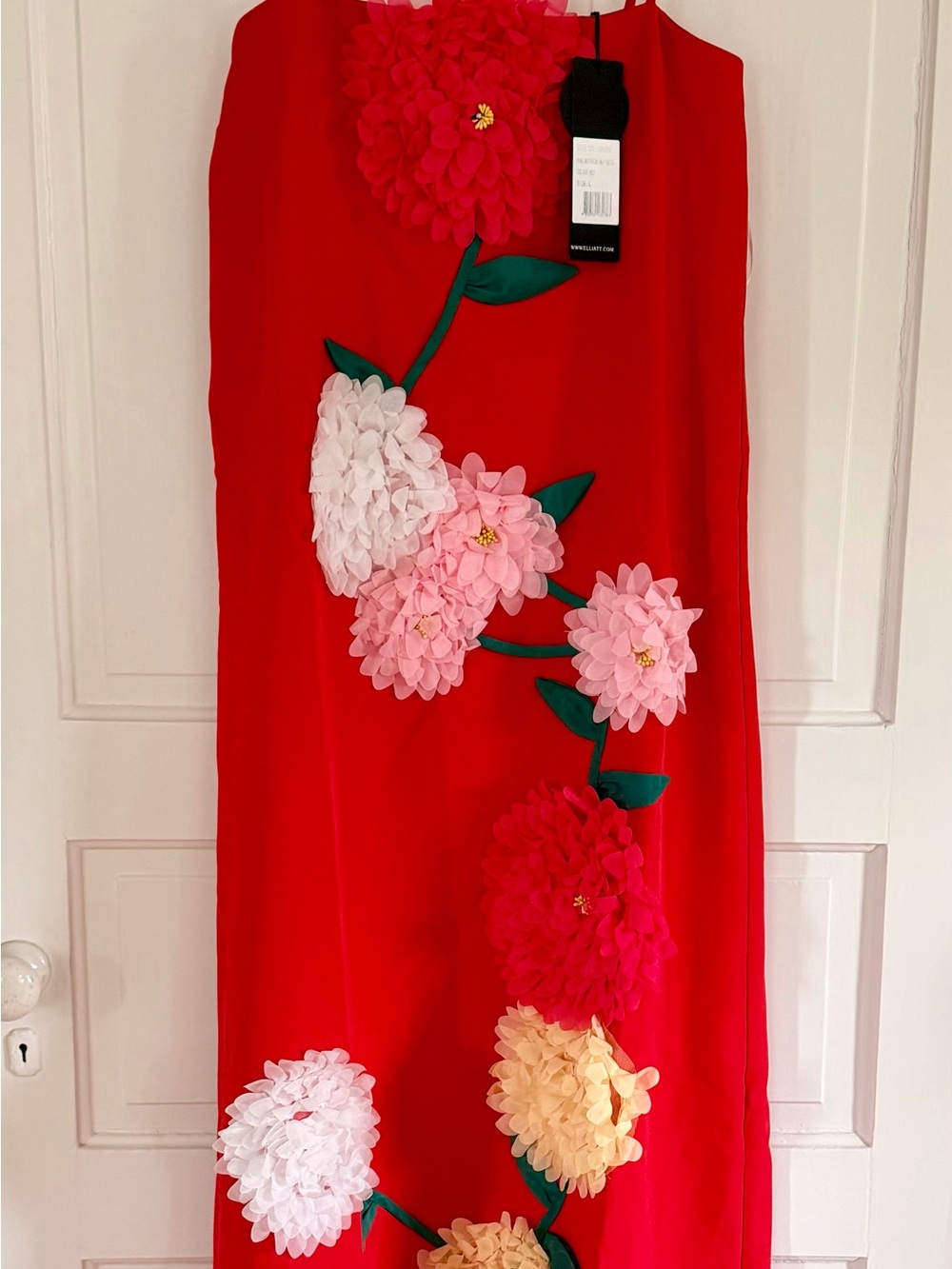 Elliatt Red Floral Appliqué Dress with Pink & Cream Blooms